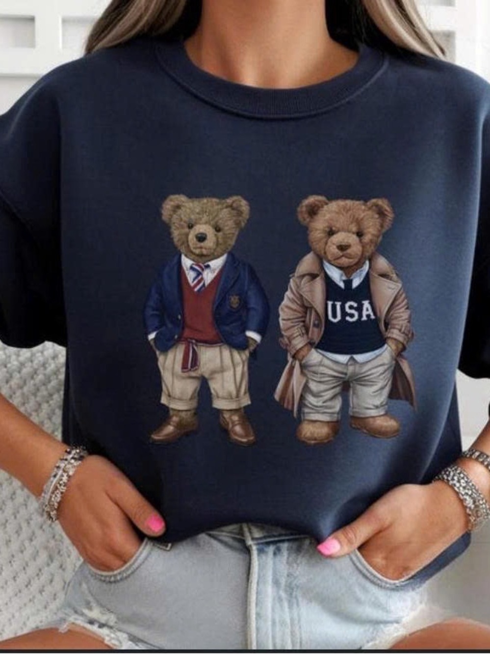 Navy Blue Teddy Bear Graphic Crewneck Sweatshirt